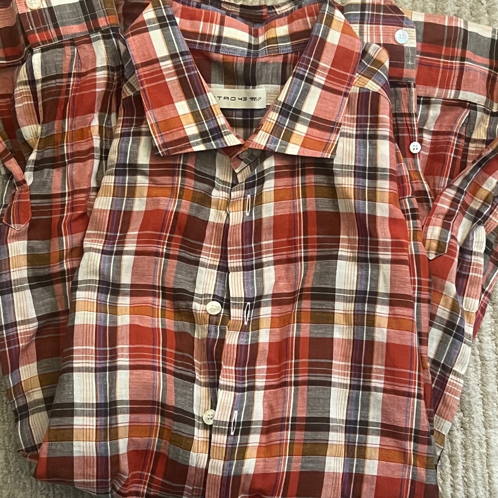 Etro luxury gingham button down long sleeve shirt, Men size 43 (large)